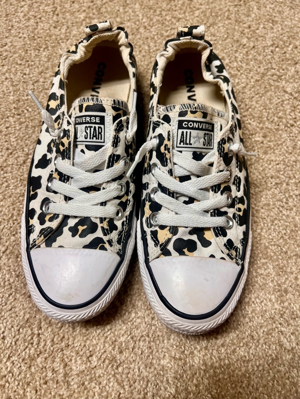 Converse Low Top Sneakers in Black, White & Tan Leopard Print